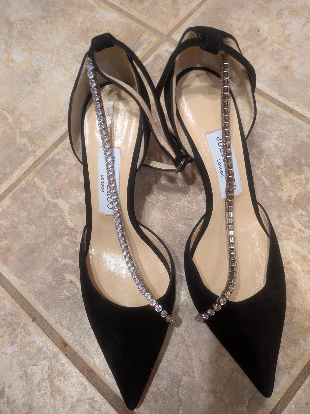 Jimmy Choo Black Suede Crystal T-Strap Pointed Toe Heels